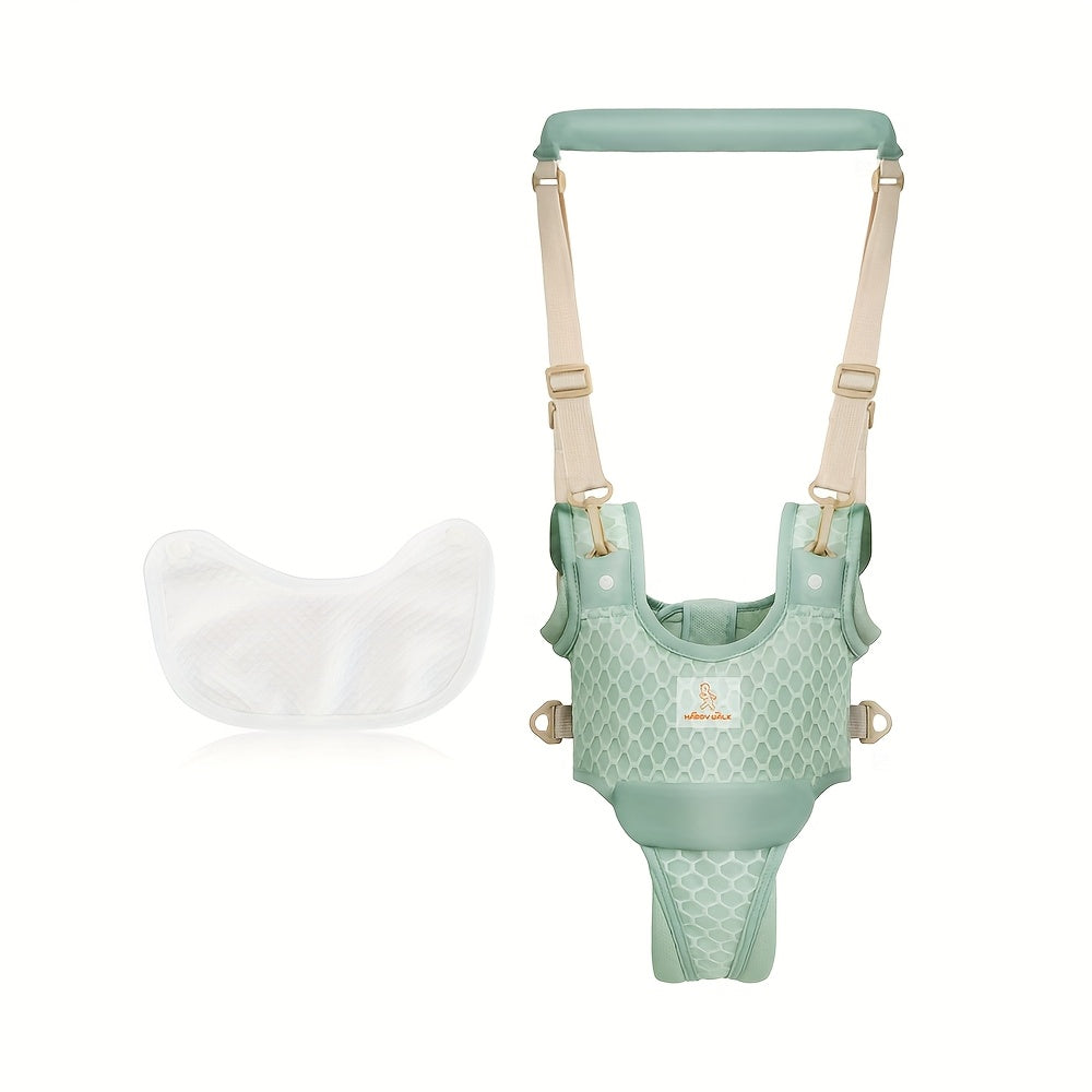 Green baby harness with white sock on a white background