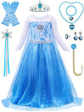 Blue princess dress with accessories including a tiara, gloves, and jewelry set on a white background.