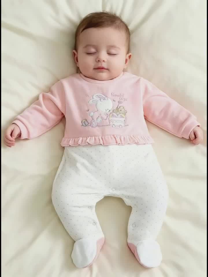 Baby wearing a pink outfit with a cartoon design on a white blanket