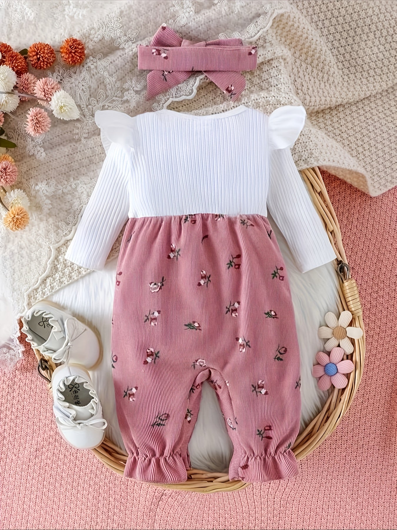 Baby outfit with pink floral romper and white top on a textured surface with flowers and shoes.