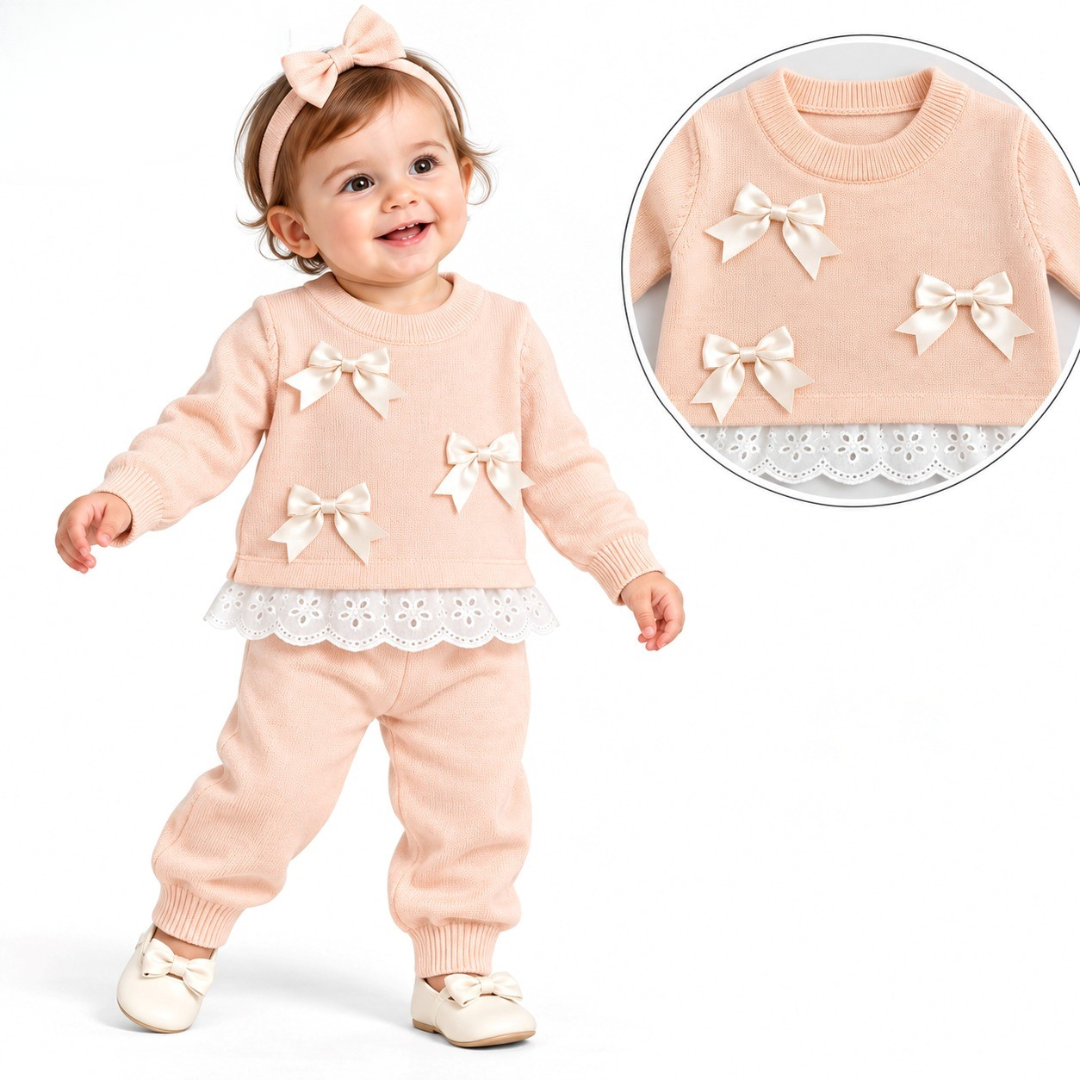 Pink Baby Girls 2Pc Lace & Bows Knitted Set