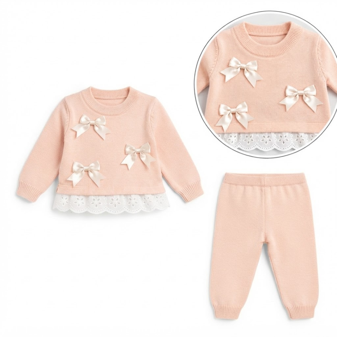 Pink Baby Girls 2Pc Lace & Bows Knitted Set