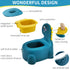 Blue dinosaur-shaped potty with features highlighted on a white background