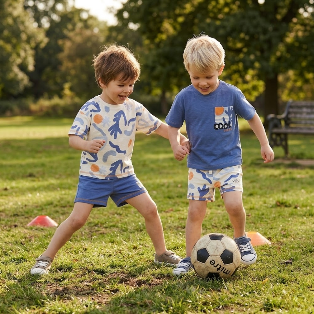 Two children playing with a soccer ball on a grassy field.
