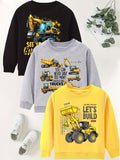 Three children's sweatshirts with construction vehicle graphics on a white background.