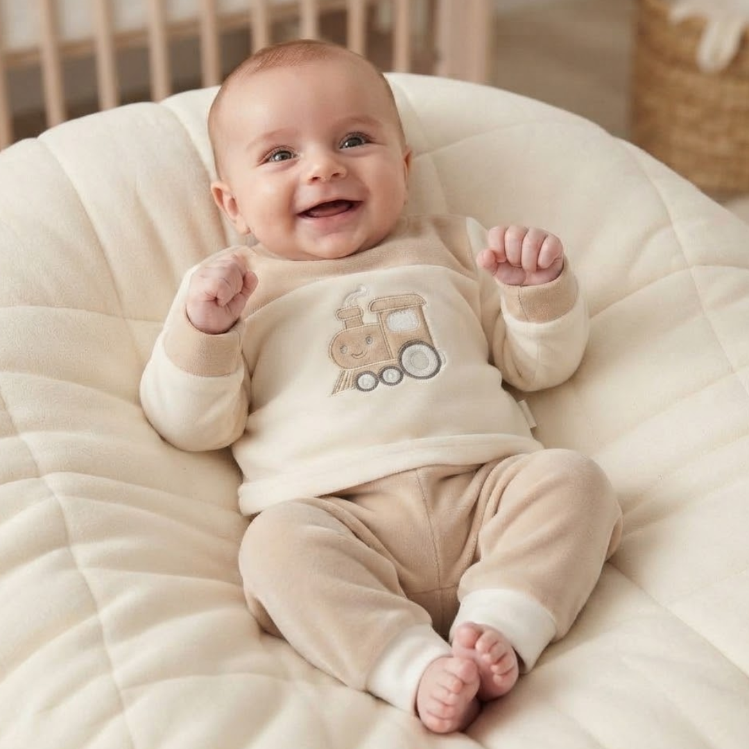 A smiling baby wearing a cream and beige two-piece outfit with a train graphic on the chest, lying on a quilted cream baby lounger.