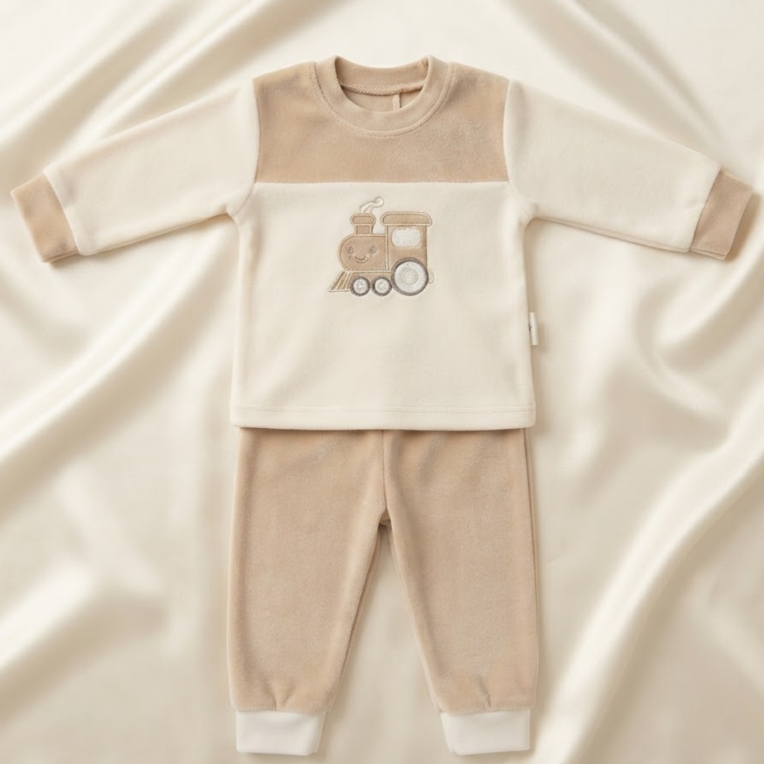 A baby two-piece pajama set featuring a long-sleeve top and matching pants in cream and beige, laid flat on a cream satin fabric background. The top has a cream yoke with a small embroidered train graphic in beige and brown on the chest.