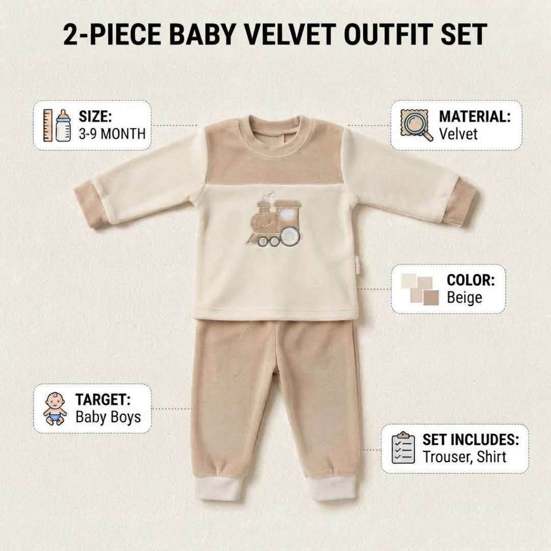 A 2-piece baby velvet outfit set displayed on a light beige background with informational callouts. The set includes a long-sleeve shirt in cream and beige with a train graphic, and matching beige pants.
