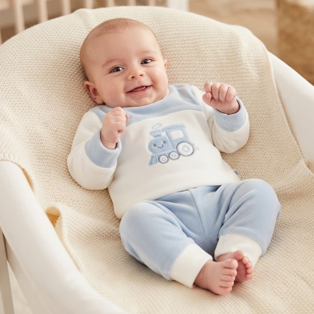A baby lying on a cream-colored textured bassinet, wearing a light blue and white long-sleeve romper with a blue train graphic on the chest and matching light blue pants.