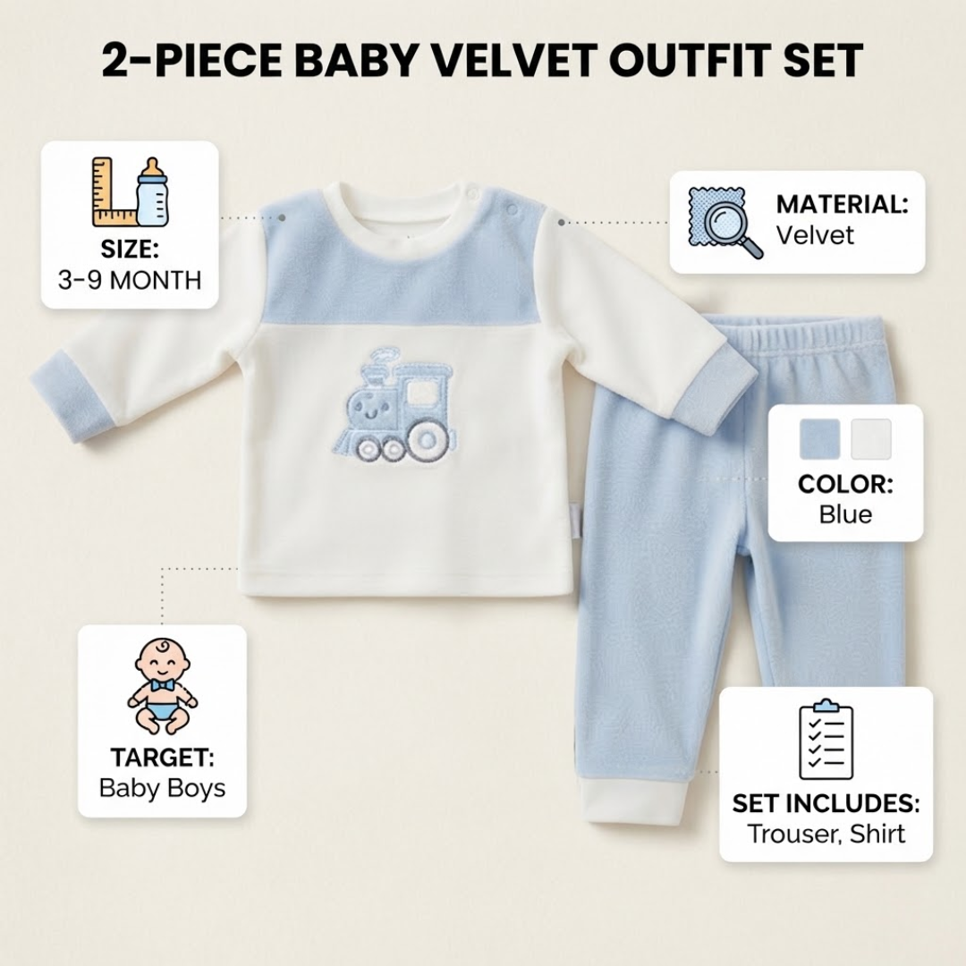A 2-piece baby boy's velvet outfit set consisting of a long-sleeve shirt and matching pants, displayed on a light beige background with informational callout boxes detailing size, material, color, target, and set contents.