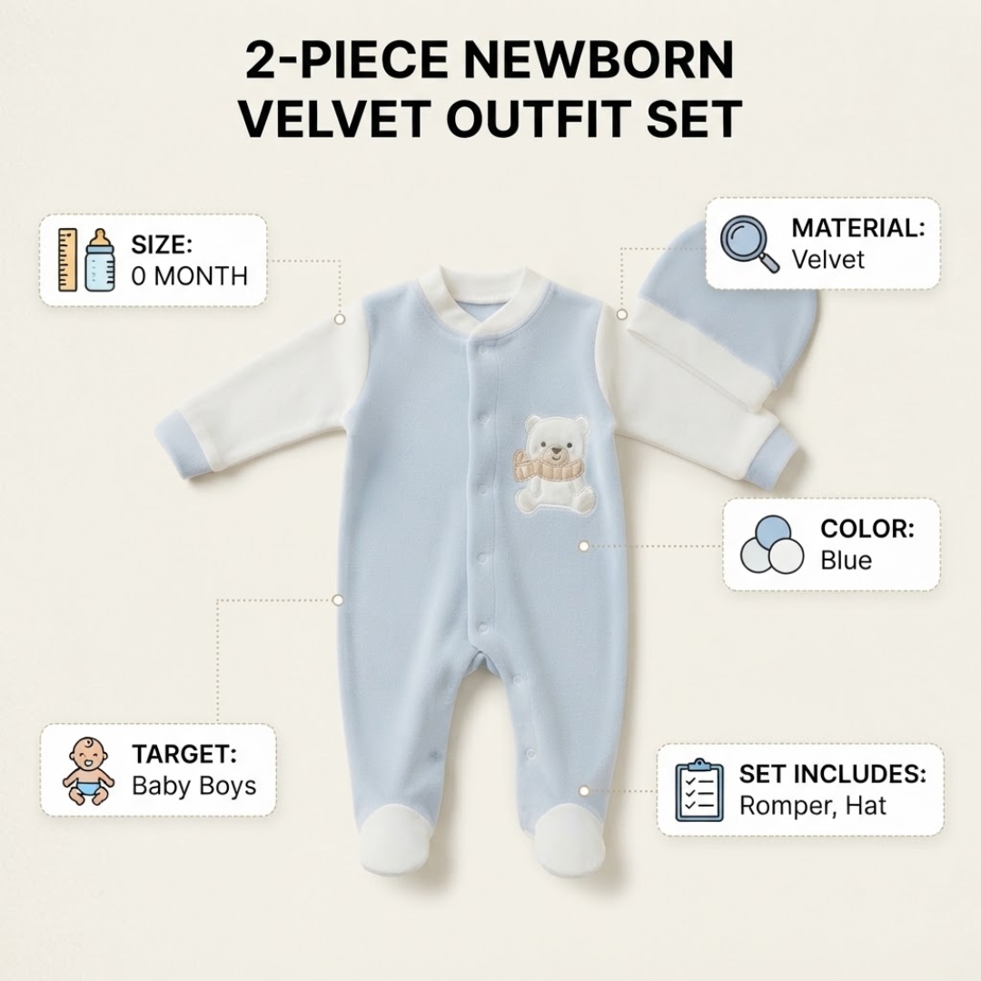 A 2-piece newborn velvet outfit set for baby boys, featuring a light blue footed sleeper and a matching blue bonnet, displayed on a warm beige background with informational callout labels.