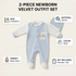 A 2-piece newborn velvet outfit set for baby boys, featuring a light blue footed sleeper and a matching blue bonnet, displayed on a warm beige background with informational callout labels.