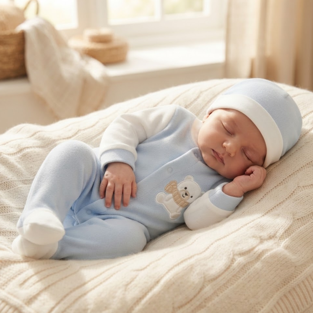 A sleeping newborn baby wearing a light blue and white footed onesie with a bear graphic, a matching light blue and white beanie, and a cream cable-knit blanket in a softly lit nursery.