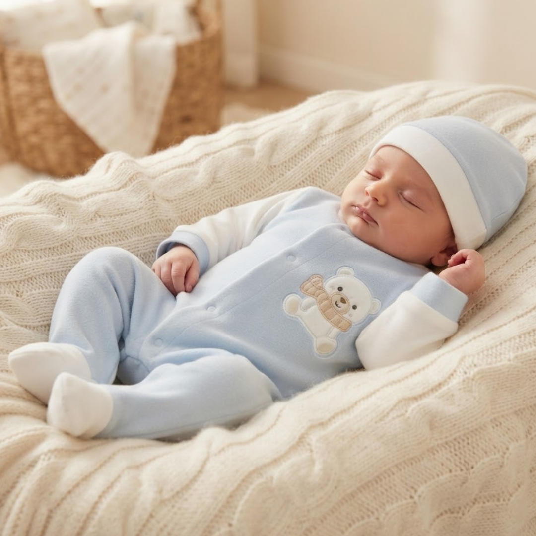 A sleeping newborn baby wearing a light blue and white footed sleeper with a teddy bear applique, lying on a cream cable-knit blanket.
