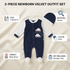 A 2-piece newborn velvet outfit set featuring a navy blue and white long-sleeve romper with a car applique and a matching navy blue and white hat, displayed on a cream fabric background with informational callouts.