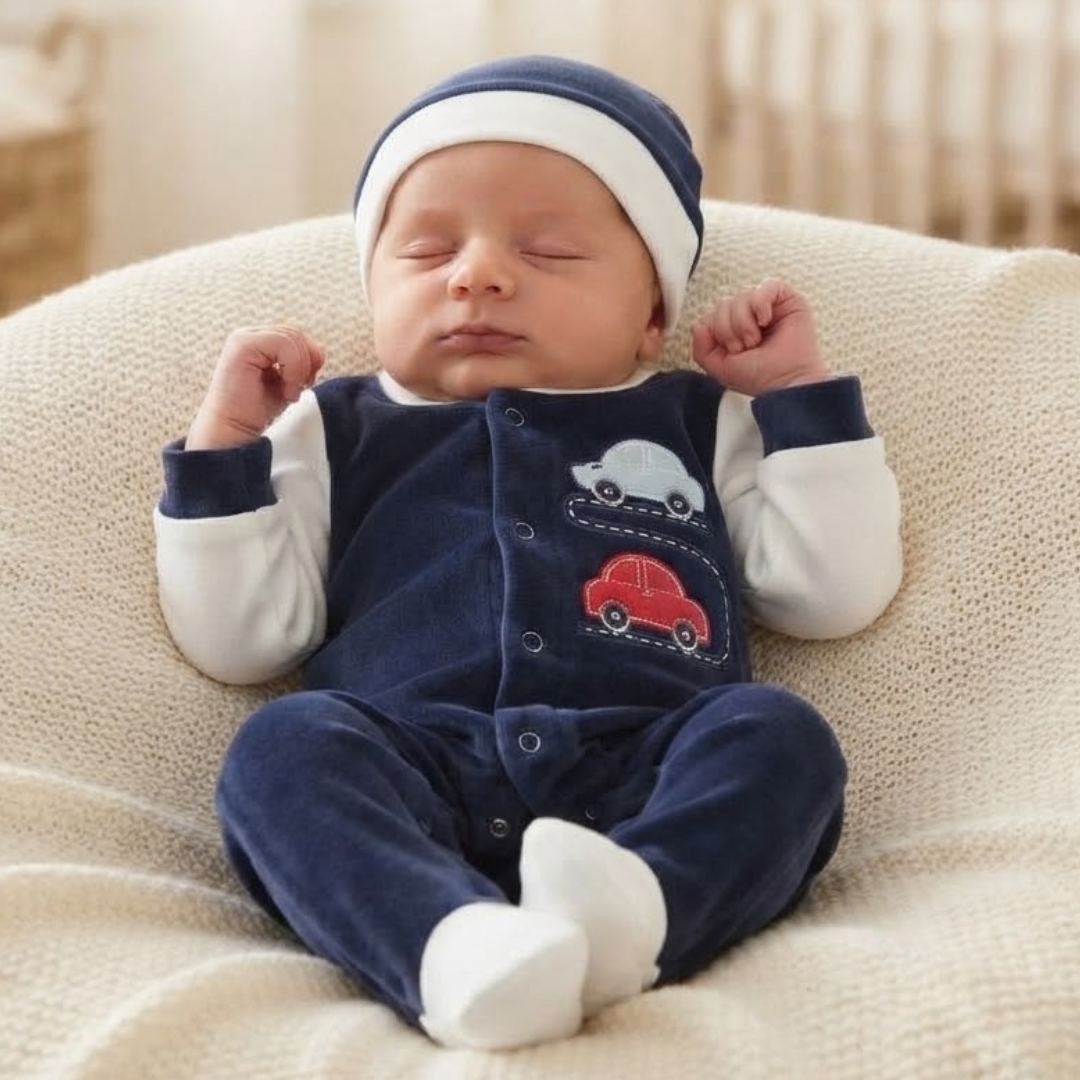 A sleeping newborn baby wearing a navy blue and white long-sleeve footed onesie with embroidered cars on the chest, a matching navy and white beanie, and white socks, lying on a cream-colored textured blanket.