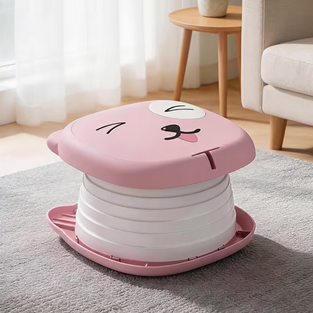 Pink and white stool with cartoon face design on a carpeted floor.