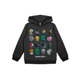 Black hoodie with Minecraft character designs on a white background