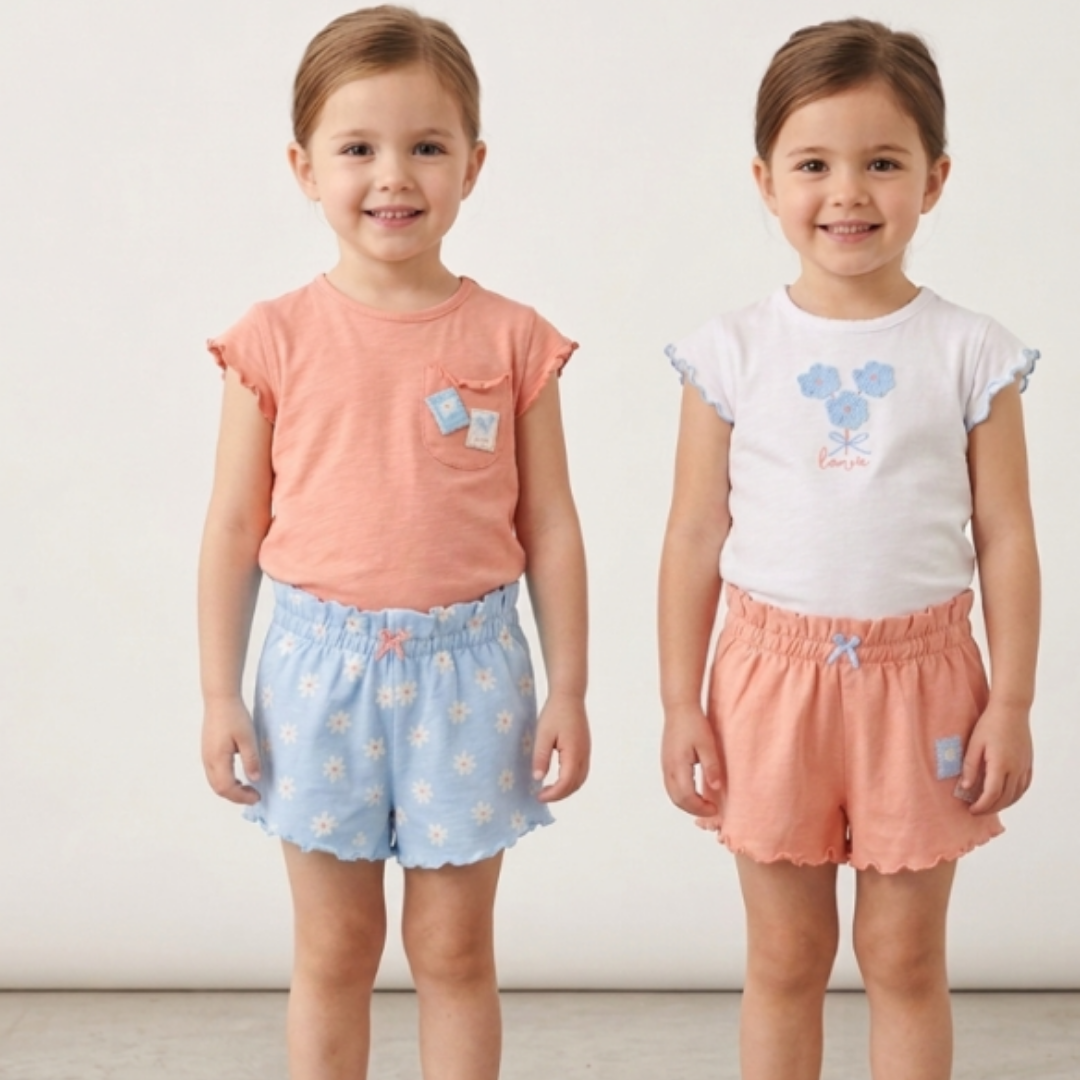 Two young girls wearing mismatching outfits with floral patterns on a plain background