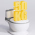 White toilet with yellow '50 KG' text on a light gray background