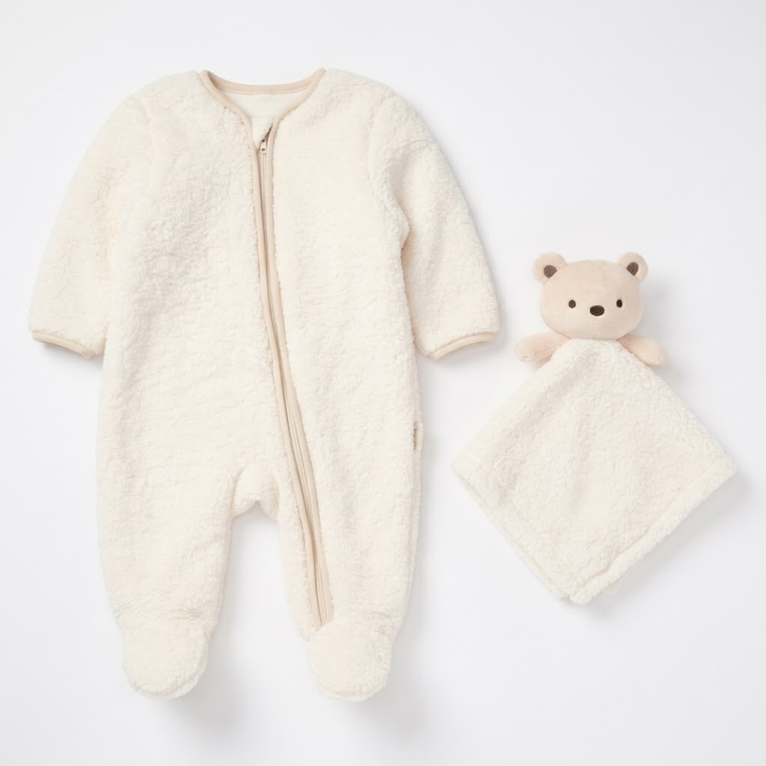 Cream fleece baby onesie with a full-length zipper and matching security blanket with a plush bear head.