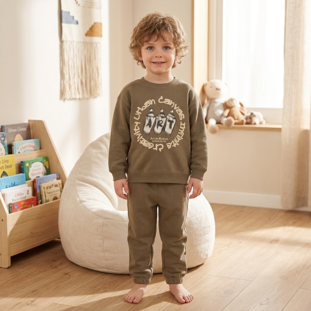 A young child stands barefoot in a bright room wearing an olive brown sweatshirt and matching sweatpants set. The sweatshirt features a circular graphic with the words 'Urban Legends' and 'Dreamers'.