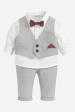 Children's formal outfit with gray vest, white shirt, and red polka dot bow tie on a white background