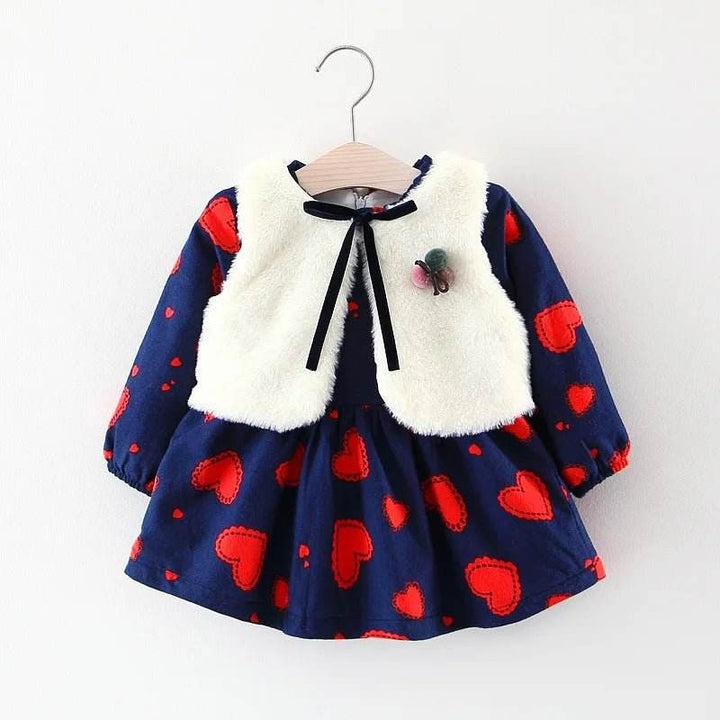 2pc Girl's Fur Vest & Velvet Princess Dress Set - Little Fashion