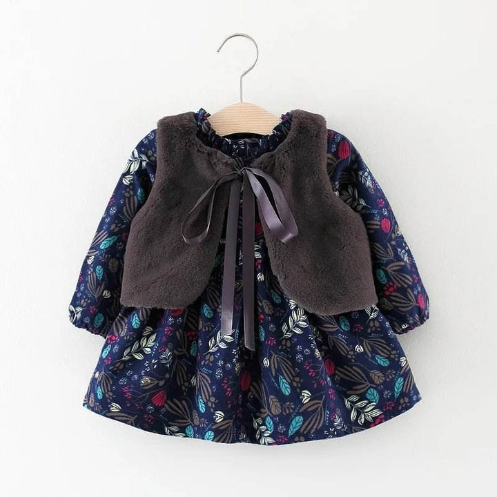 2pc Girl's Fur Vest & Velvet Princess Dress Set - Little Fashion
