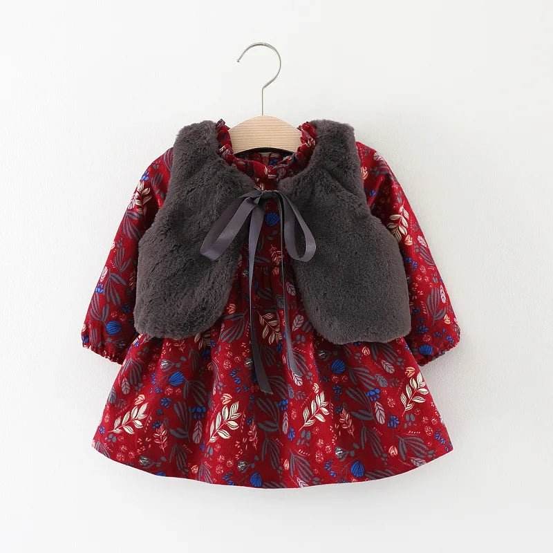 2pc Girl's Fur Vest & Velvet Princess Dress Set - Little Fashion