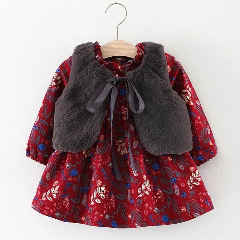 2pc Girl's Fur Vest & Velvet Princess Dress Set - Little Fashion