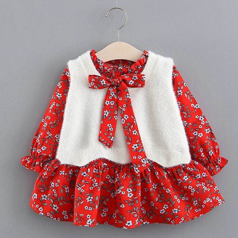 2pc Girl's Fur Vest & Velvet Princess Dress Set - Little Fashion