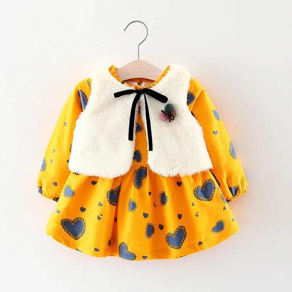 2pc Girl's Fur Vest & Velvet Princess Dress Set - Little Fashion