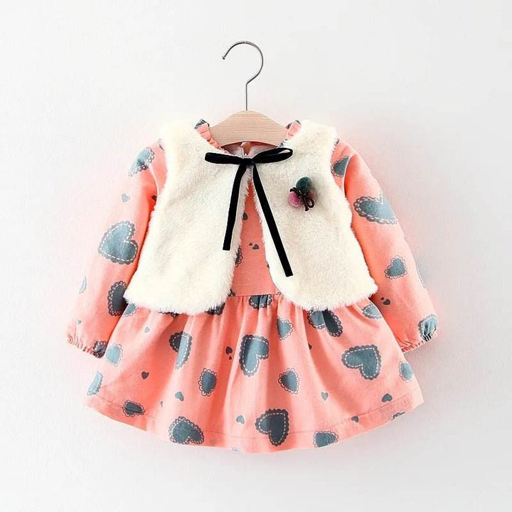 2pc Girl's Fur Vest & Velvet Princess Dress Set - Little Fashion