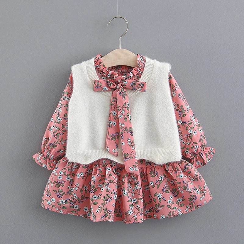 2pc Girl's Fur Vest & Velvet Princess Dress Set - Little Fashion