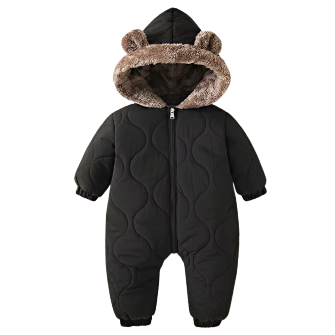 A black baby snowsuit with a quilted pattern, featuring a plush brown faux-fur trimmed hood with bear ears, a front zipper, and long sleeves, shown against a plain white background.