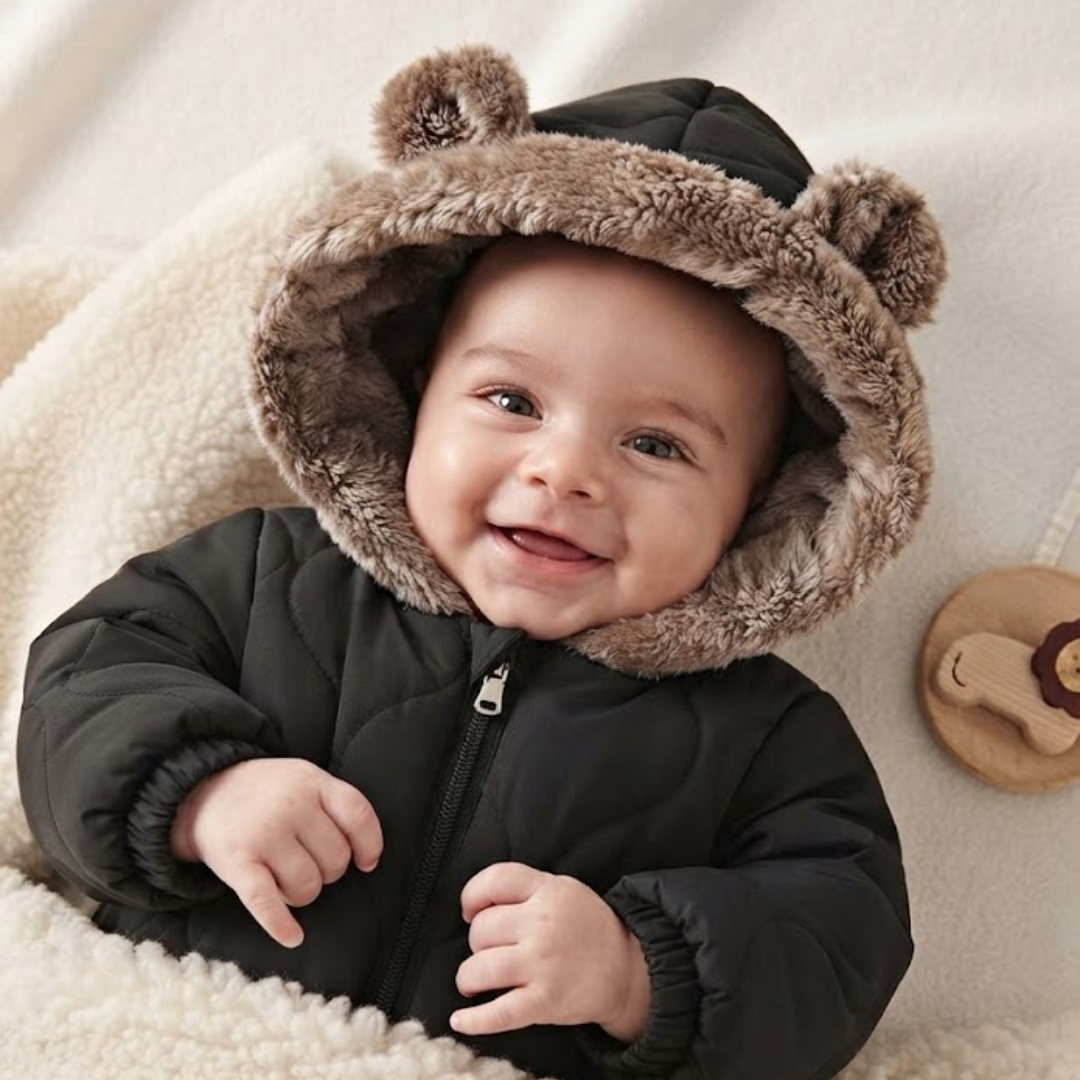 A baby wearing a black quilted winter jacket with a plush brown faux-fur hood and bear ears, lying on a cream sherpa blanket.