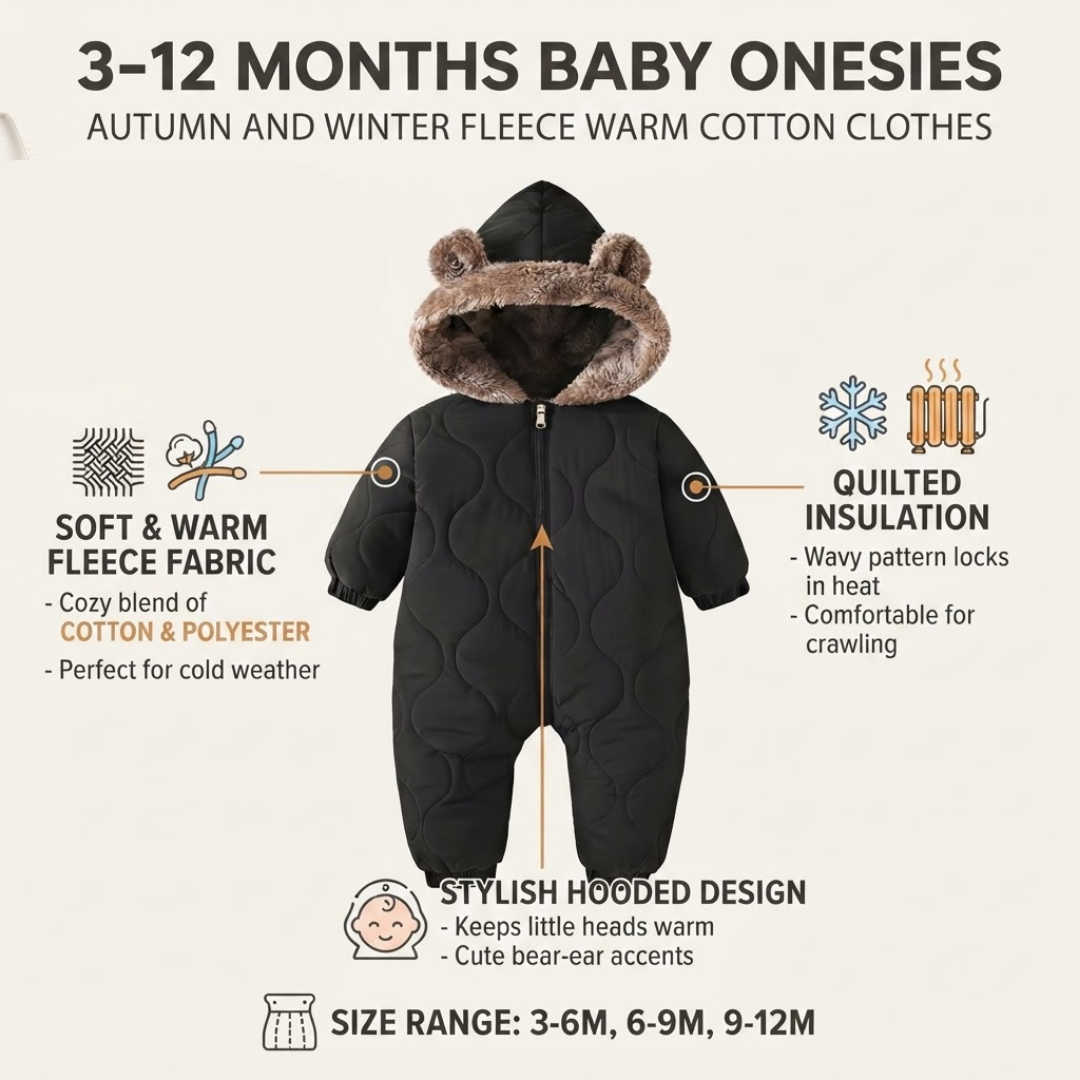 A baby winter onesie in black quilted fleece with a brown faux-fur trimmed hood and bear ears, shown on a light beige background with feature callouts and text about soft fleece fabric, quilted insulation, stylish hooded design, and size range.
