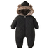 A black baby snowsuit with a quilted pattern, featuring a plush brown faux-fur trimmed hood with bear ears, a front zipper, and long sleeves, shown against a plain white background.