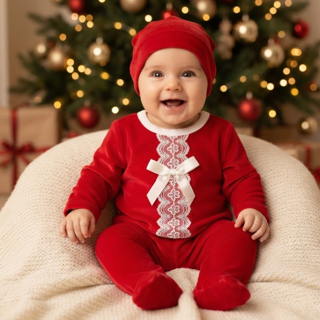 A baby wearing a festive red Christmas outfit with a matching beanie, lace trim, and white bow, sitting on a cream knit chair in front of a decorated Christmas tree.