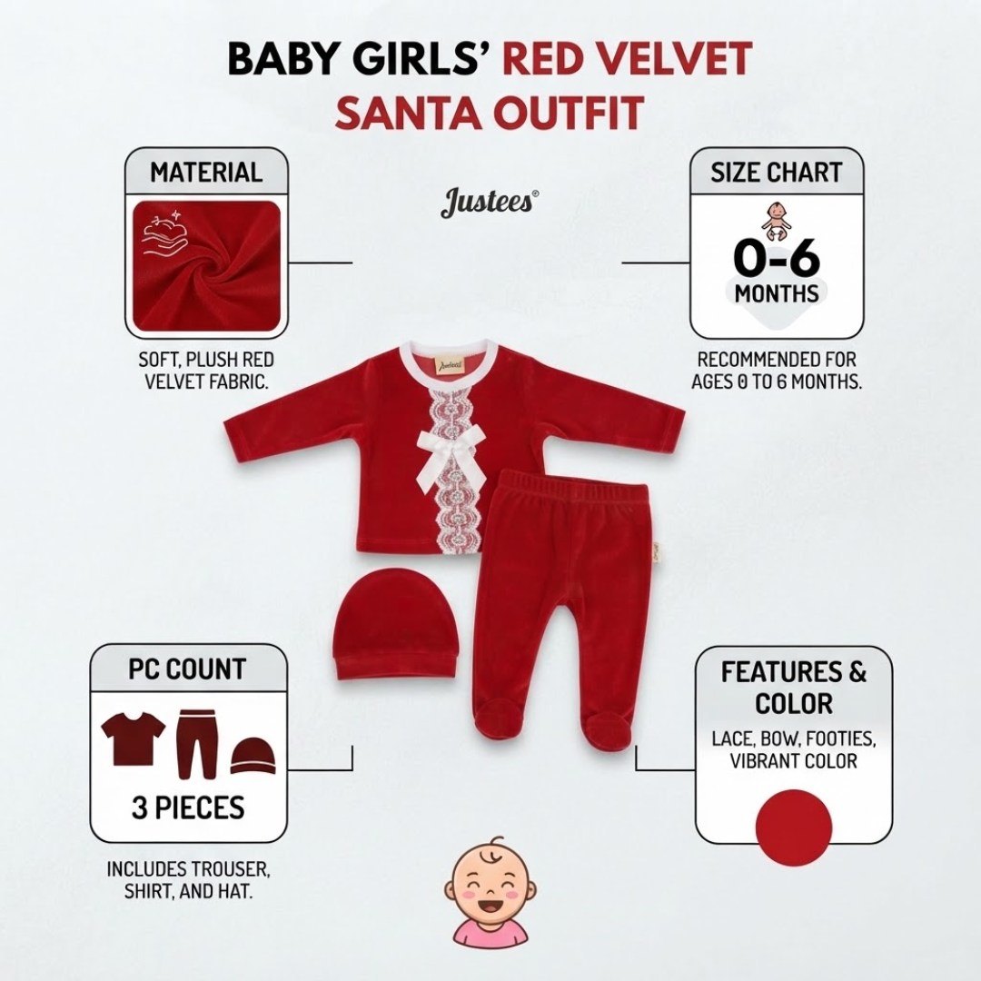 Baby girls' red velvet Santa outfit by Justees, shown on a light gray infographic background with text callouts for material, size chart, PC count, and features. The set includes a long-sleeve shirt, pants, and hat, with lace trim and a white bow detail.