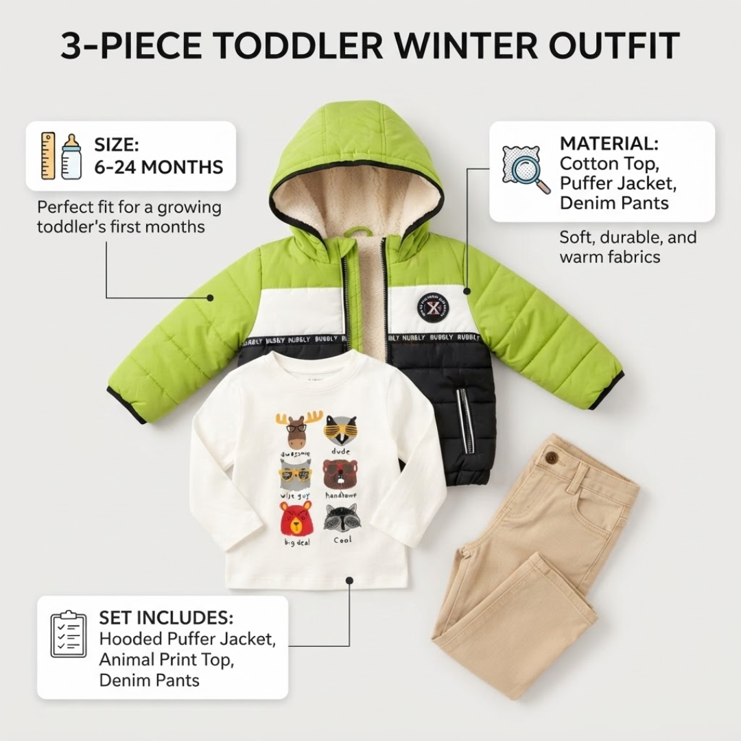 A 3-piece toddler winter outfit set displayed on a light gray background with informational callouts. The set includes a bright lime green, white, and black puffer hooded jacket, a white long-sleeve animal print cotton top, and beige denim pants.