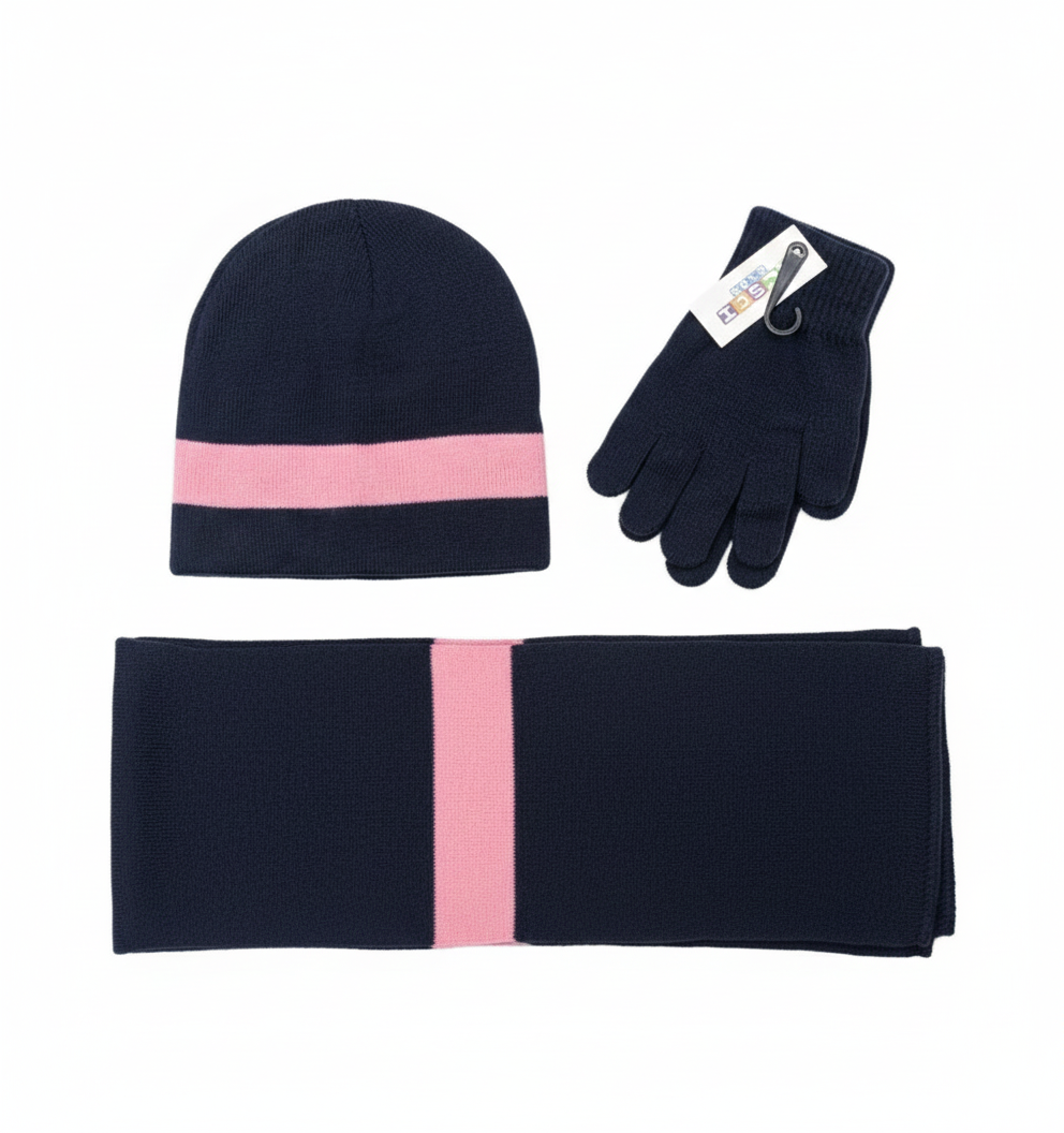 Navy blue and pink striped hat, gloves, and scarf set on a white background