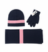 Navy blue and pink striped hat, gloves, and scarf set on a white background