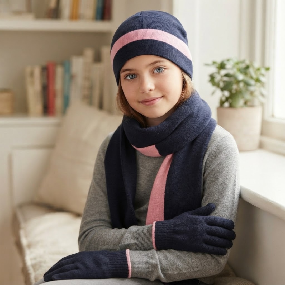 Young girl wearing a navy blue and pink striped beanie, matching scarf, and gloves indoors.