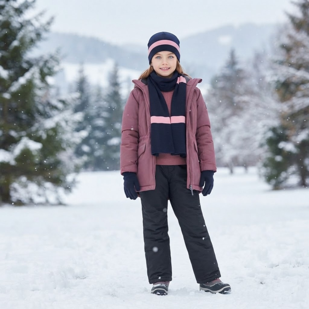 Navy blue and pink stripe winter hat, scarf, and gloves set displayed flat against a white background.
