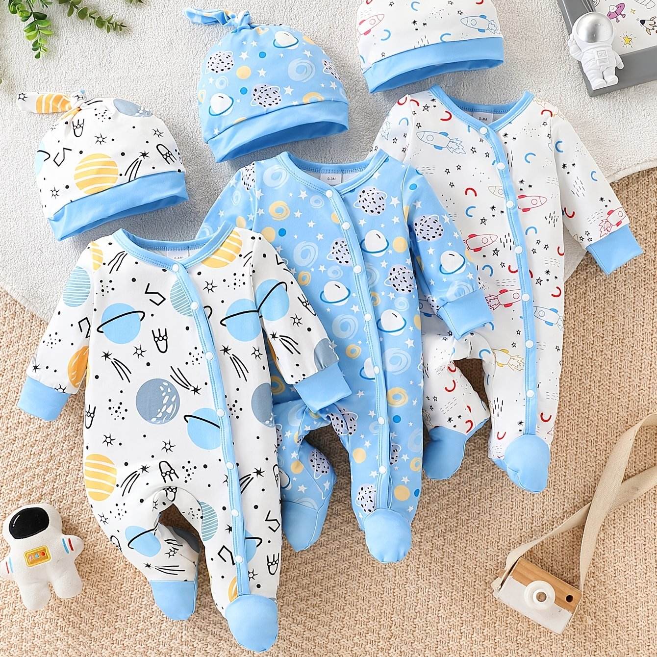 3-Pack Cartoon Footed Rompers with Hats - Little Fashion