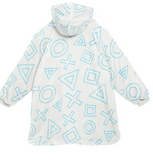 White hoodie with blue geometric pattern on a white background