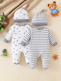 4pc Baby Boy Dinosaur Striped Romper & Hat Set - Little Fashion