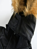 Black jacket with a fur-lined hood on a white background